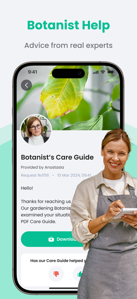 Une capture d'écran de l'application PlantIn montrant la fonction Aide Botaniste avec des conseils d'experts sur les soins des plantes