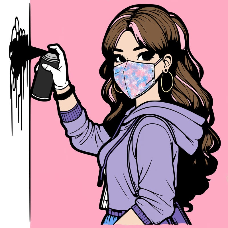 realistic girl with mask spray painting a wall