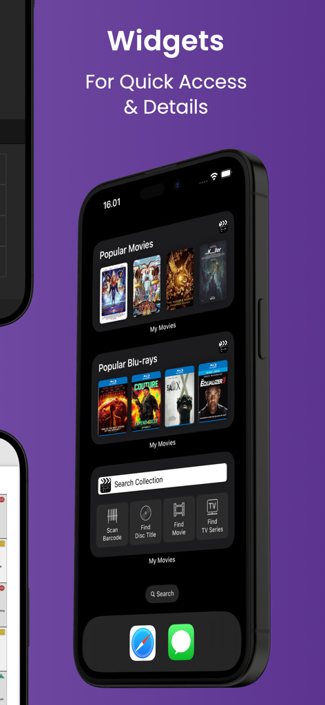 Pantalla de inicio de iPhone que muestra widgets de colección de películas para acceso rápido a títulos populares y herramientas de escaneo de códigos de barras.