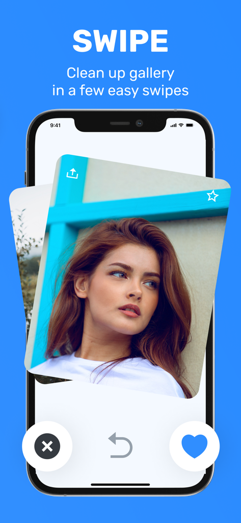 Clean Storage: Master Cleaner - A mobile app interface showing a card-based swipe feature to organize and delete photos from a phone gallery