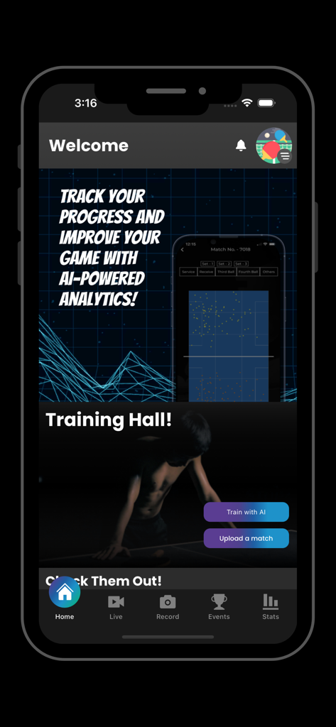 Stupa Analytics - Stupa Analytics app home screen showing AI powered table tennis training and match analysis options