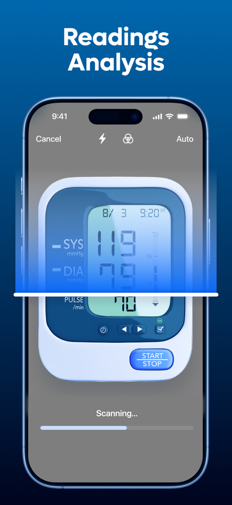 Smartphone app scanning a digital blood pressure monitor for readings analysis