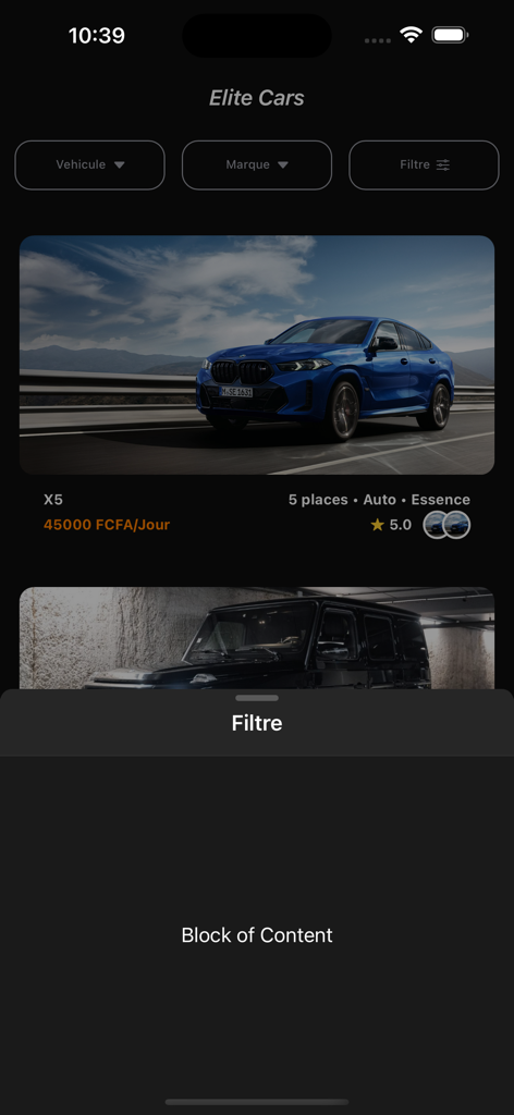 Elite Cars - 세네갈에서 렌트할 파란색 BMW X5를 가격과 함께 보여주는 엘리트 카 모바일 앱 인터페이스.