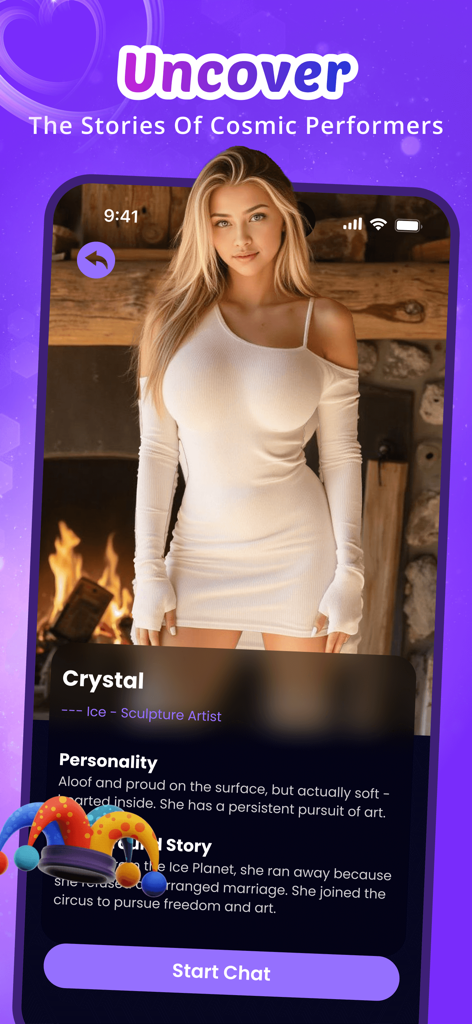 Interfaz de la aplicación Meyaa que muestra el perfil del personaje Crystal, una artista de esculturas de hielo IA, con antecedentes de la historia y botón de inicio de chat
