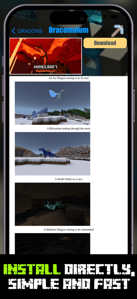 Best Add-ons for Minecraft Mod - Minecraft 애드온 앱에서 다운로드 버튼이 있는 Dracomalum 드래곤 모드 페이지