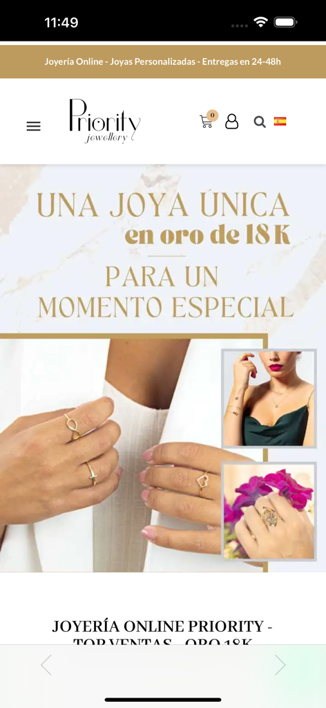 Joyería Priority - Mobile app home screen for Joyeria Priority featuring 18K gold jewelry and personalized designs.