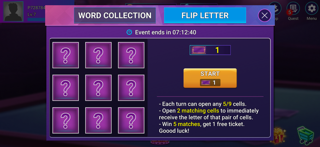 Poker & Slots - Poker Offline - The Word Collection and Flip Letter mini game interface in the Poker and Slots app showing a grid of cards to match