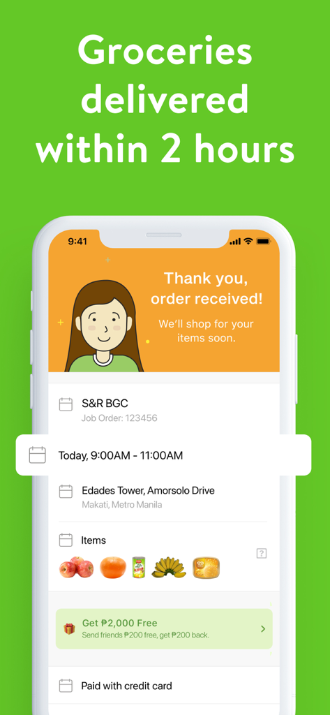 MetroMart app interface showing a successful grocery order confirmation with a two hour delivery time slot