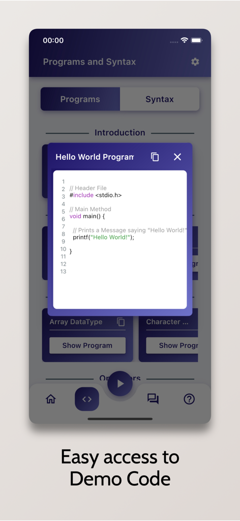 Learn C - OnePercent - Interface of the Learn C app showing a Hello World program code snippet in a popup window.