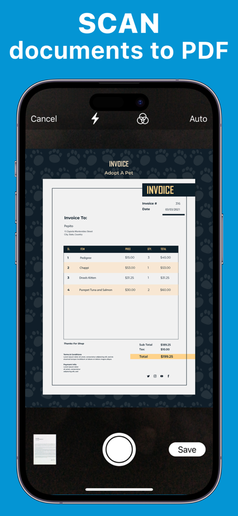 Printer App: Smart Printer • - Pantalla de iPhone que muestra la función de escaneo de documentos a PDF de la App de Impresión con una factura siendo capturada.