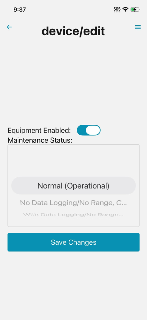 VersaTrak Mobile - 機器有効トグルとメンテナンスステータスが正常に設定されていることを示すVersaTrak Mobileアプリのデバイス編集画面。
