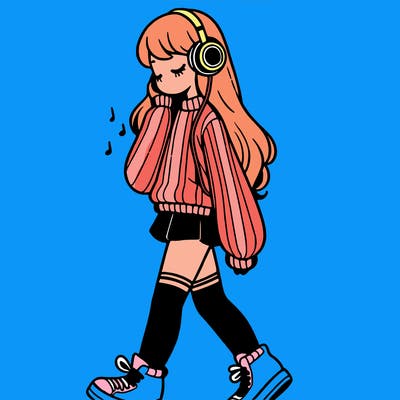 girl with leg warmers and long sweater and sneakers listening to music