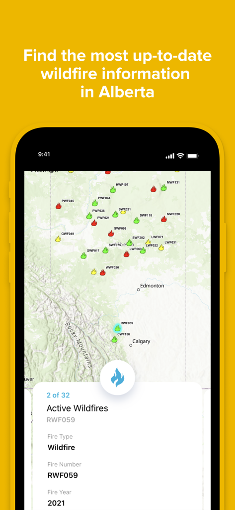 AB Wildfire Status - Smartphone screen displaying an interactive map of active wildfires in Alberta within the AB Wildfire Status app