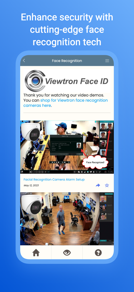 Interfaz de aplicación móvil que muestra la tecnología de reconocimiento facial iCamViewer para cámaras de seguridad