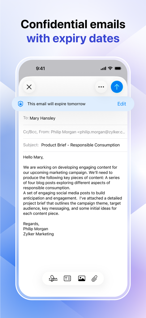 Zoho Mail - Email and Calendar - Zoho Mail app interface showing a confidential email with an expiration date notification