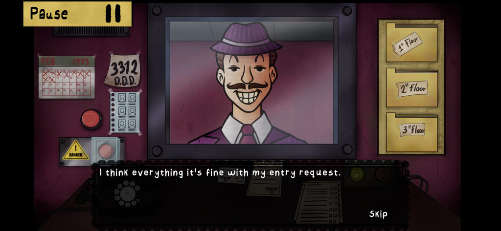 That's not my Neighbor! - Um personagem sorridente em um terno e chapéu roxos na janela da estação de porteiro no jogo That's not my Neighbor.