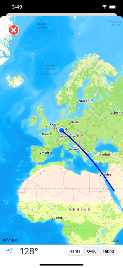 NamazVakti - Map showing the Qibla direction toward Mecca with a blue indicator line