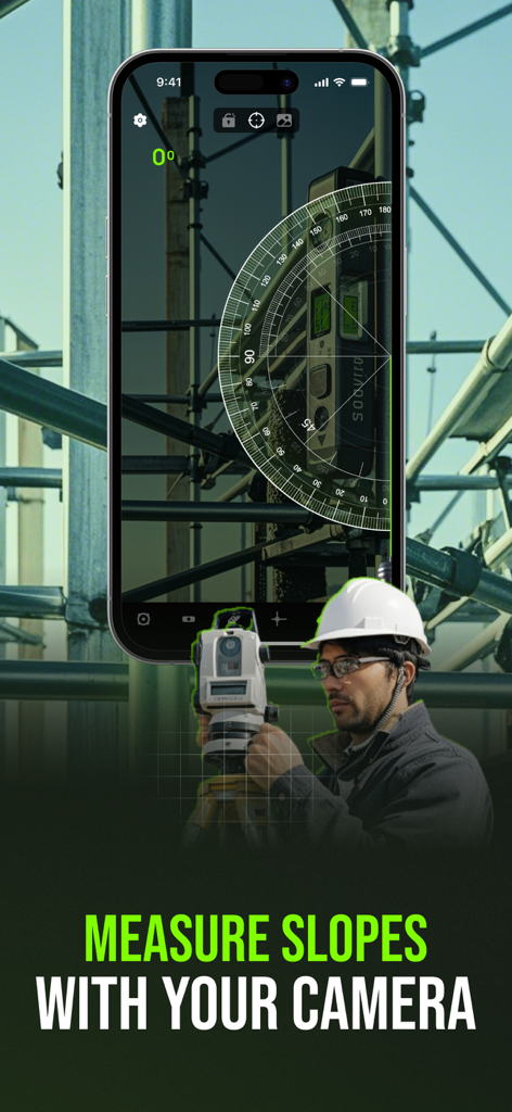 Level Tool: Bubble Leveler Pro - An iPhone screen displaying a digital protractor tool to measure slopes using the camera on a construction site
