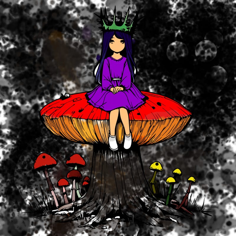 realistic girl sitting on a huge tree stump size toadstool with thorn crown