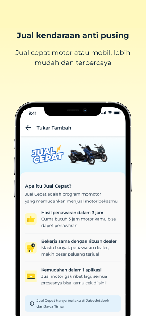 Interface of the adiraku app for fast vehicle selling and trade-in services in Indonesia.