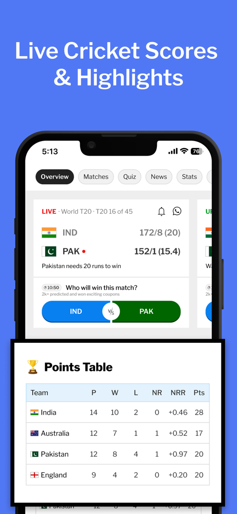 Dailyhunt - News & Magazines - Dailyhunt app interface showing live cricket scores and match points table