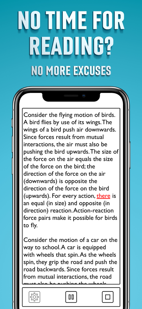 科学的なテキストが読み上げられている再生コントロールを備えたテキスト読み上げアプリのインターフェースを表示するスマートフォン