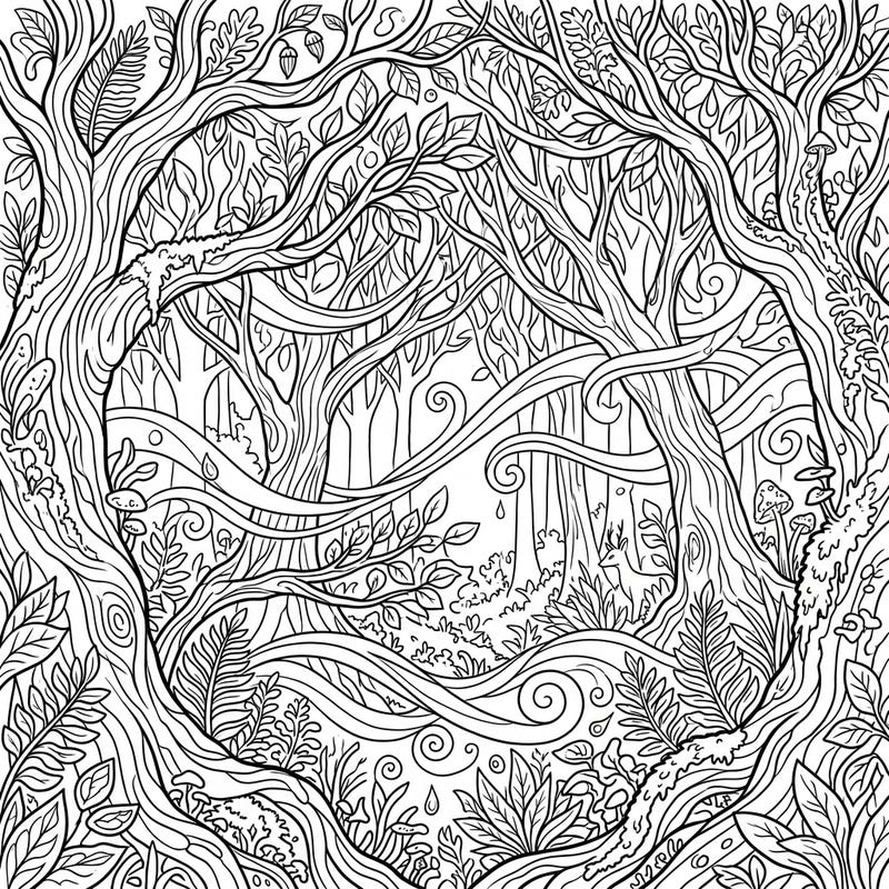 Step into an enchanting realm with this intricate foggy forest coloring page, boasting a captivating full scene design. Unleash your creativity and bring life to the mysterious depths of the woods.