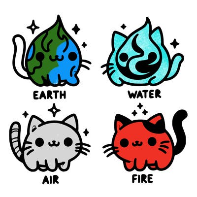 4 cats that represent the different elements, earth, water, air, and fire