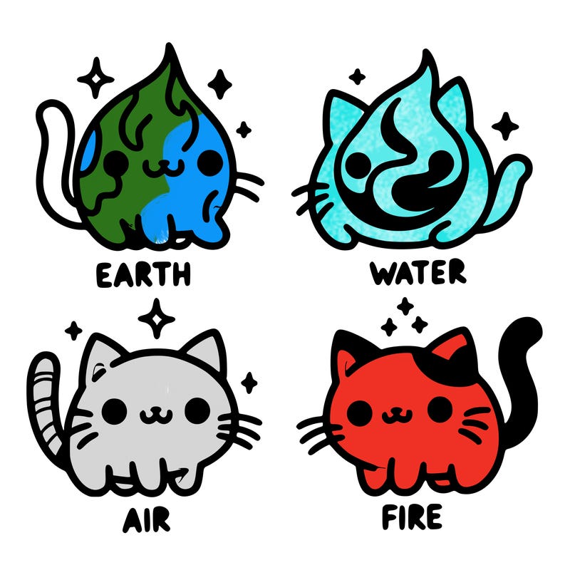 4 cats that represent the different elements, earth, water, air, and fire