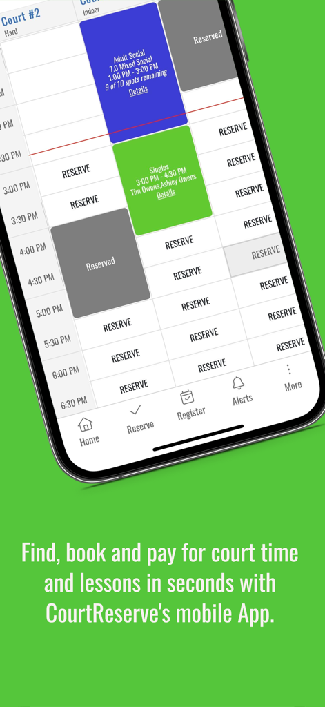 CourtReserve app showing a tennis court reservation schedule grid