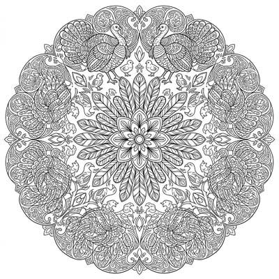Immerse yourself in the captivating symmetry of this Female Turkey Mandala coloring page. This intricate design beautifully blends detailed turkeys with flowing natural and geometric patterns, promising a rewarding artistic experience.