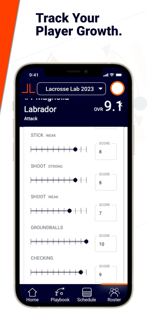 Lacrosse Lab - A mobile screen from the Lacrosse Lab app showing a player performance tracking interface with skill ratings for stick work, shooting, and groundballs.