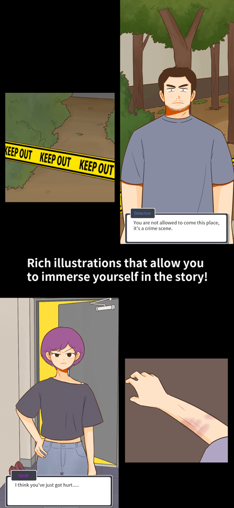 Vanished Anniversary - Múltiples paneles del juego Vanished Anniversary que muestran una escena del crimen con cinta amarilla, un detective hablando y una personaje llamada Sarah notando un brazo magullado