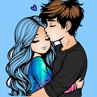 a realistic couple boy and girl hugging and kissing