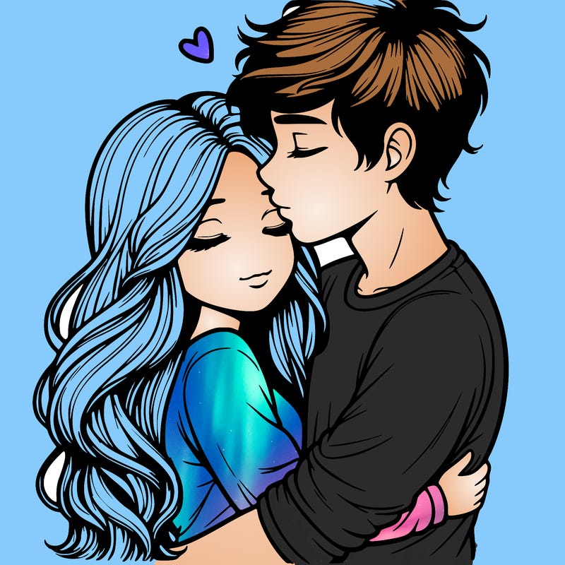a realistic couple boy and girl hugging and kissing