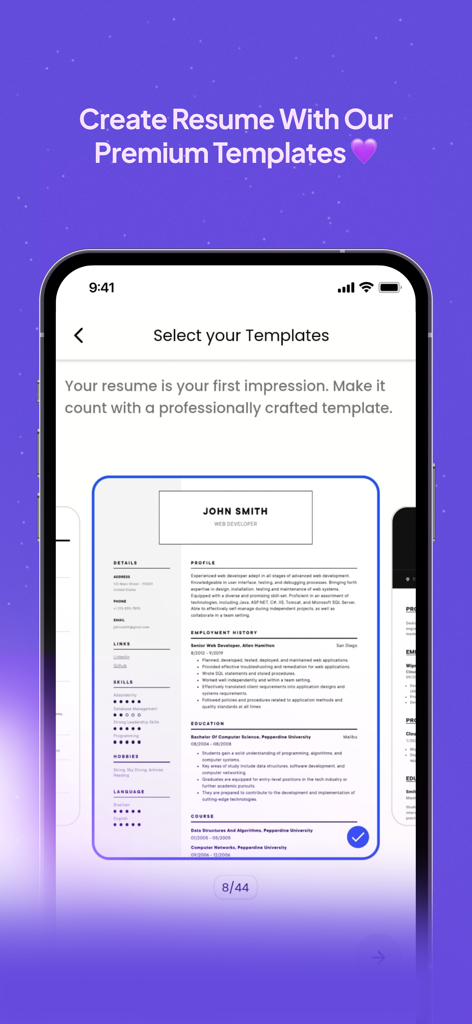 Mobile app screen showing a professional resume template selector with premium designs