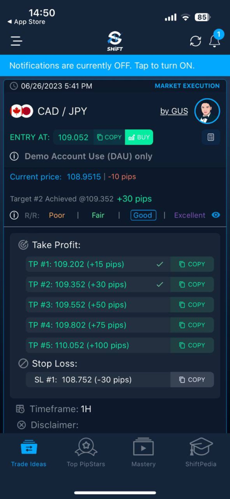 Interfaz de la aplicación SHIFT que muestra una idea de operación de forex CAD y JPY con punto de entrada, objetivos de toma de ganancias y niveles de stop loss
