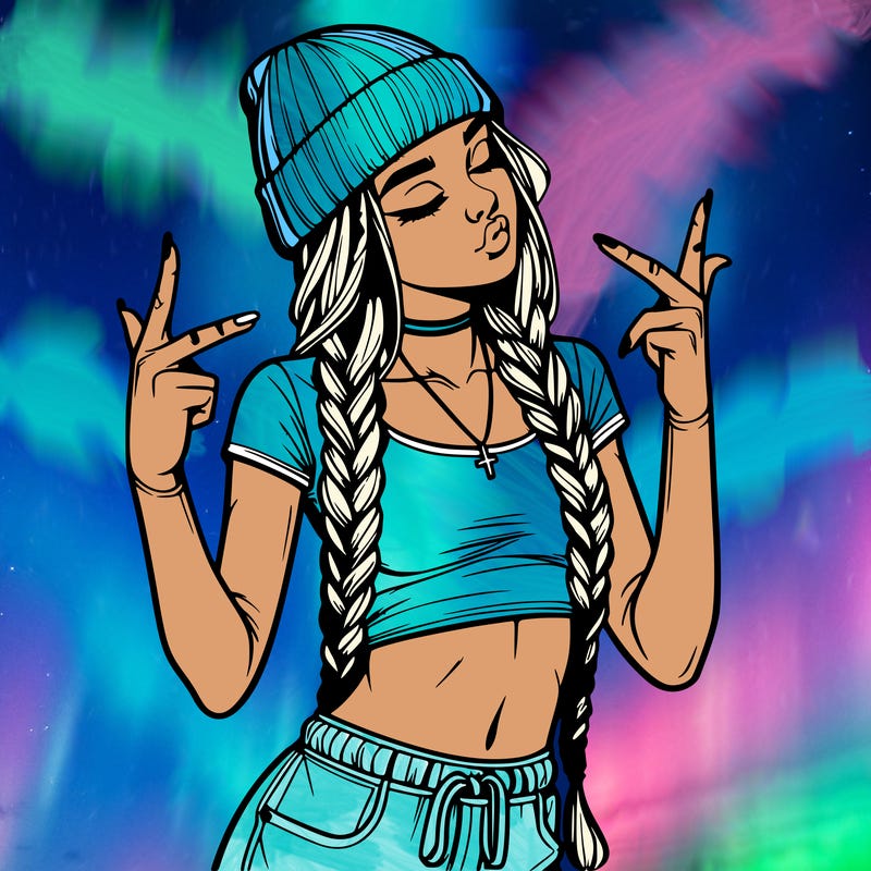realistic teenage girl with braids and a beanie and crop top doing 🫶🏼