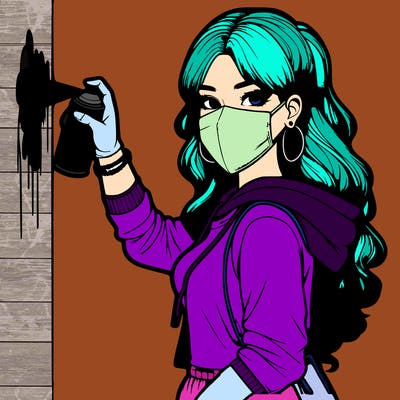 realistic girl with mask spray painting a wall