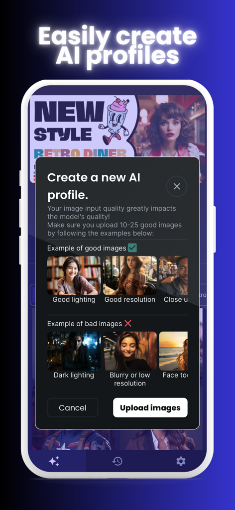 Tela mostrando instruções e exemplos para upload de fotos para criar um perfil de IA