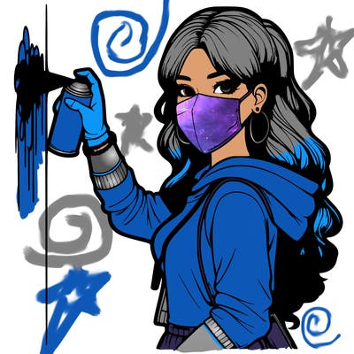 realistic girl with mask spray painting a wall