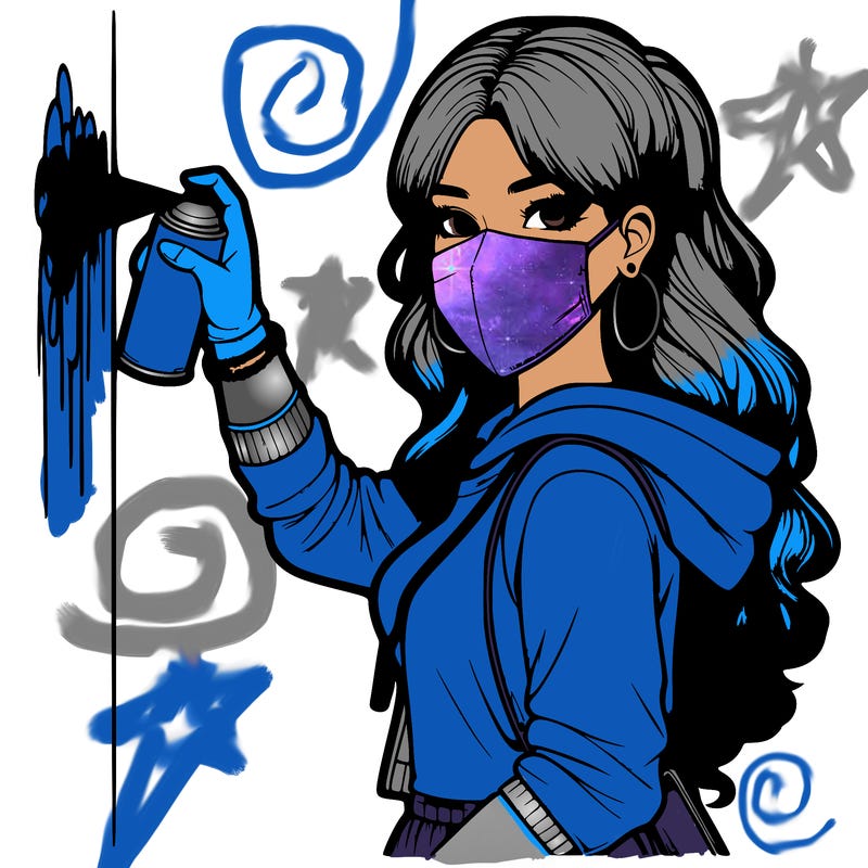 realistic girl with mask spray painting a wall