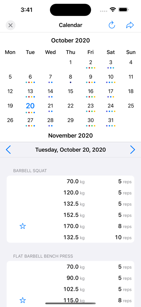 Monthly workout calendar and detailed exercise log screen showing weight and reps for squats and bench press
