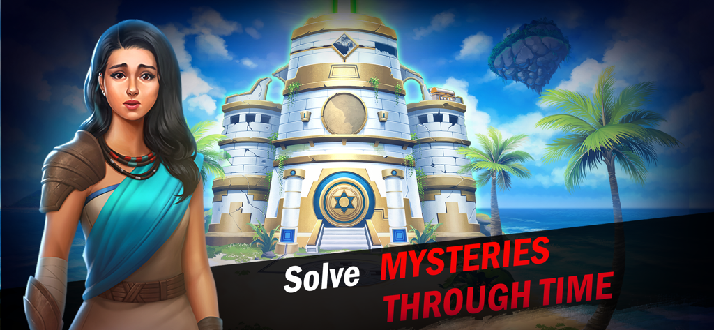 Uma personagem feminina em frente a um templo antigo em uma ilha tropical com o texto Resolva Mistérios Através do Tempo.