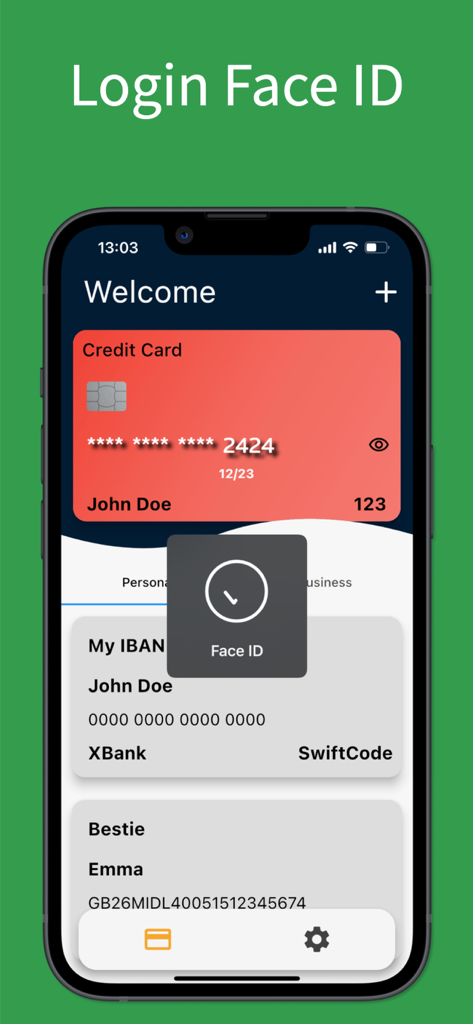 Card IBAN Wallet - Schermata di accesso sicuro tramite Face ID per l'app Card IBAN Wallet che mostra dettagli di carte di credito e conti bancari.
