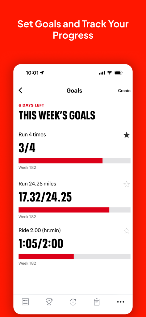 Map My Ride app screen showing weekly fitness goals and progress bars for running and cycling activities