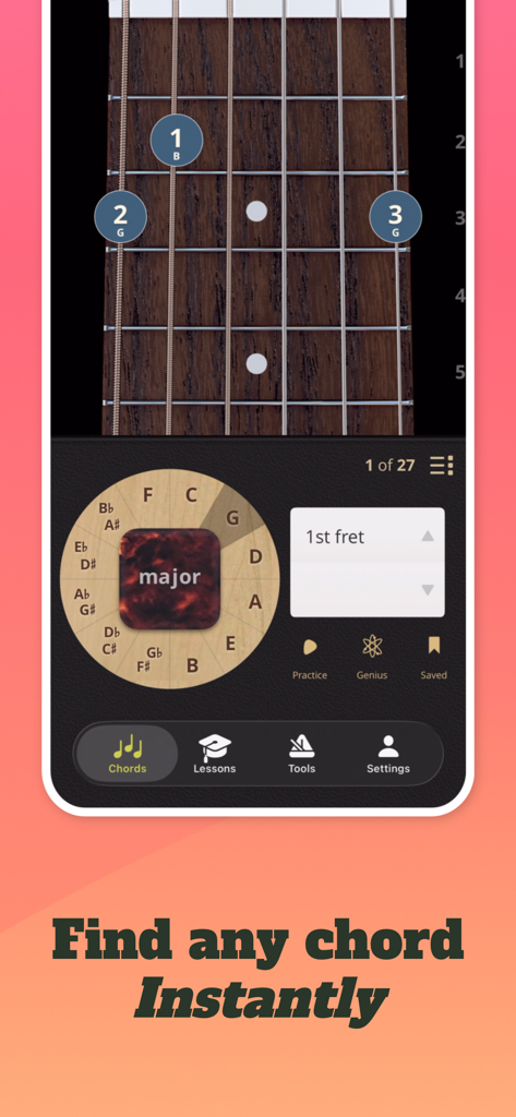 Pantalla de la aplicación ChordBank mostrando un diagrama de acordes de guitarra y una rueda selectora de acordes.
