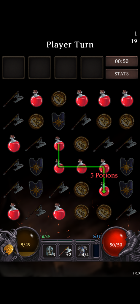 Gameplay screen of Dungeon Tracer showing a player connecting potion tiles in a match puzzle RPG battle