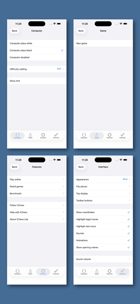 Chess - tChess Lite - Four screenshots of the tChess Lite app showing computer difficulty settings, game menu, feature list, and interface customization options.