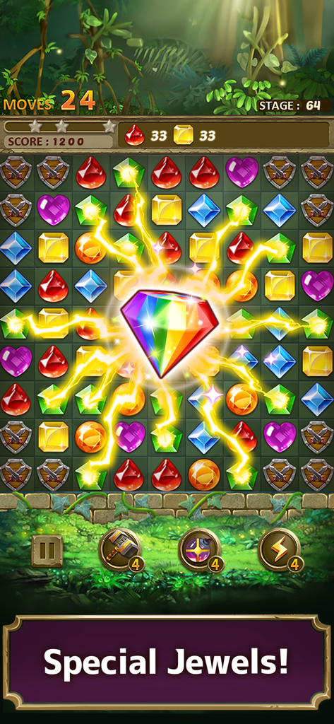 Gameplay screenshot of Jewels Jungle Match 3 Puzzle featuring a large rainbow special jewel activating with lightning on a jungle themed board